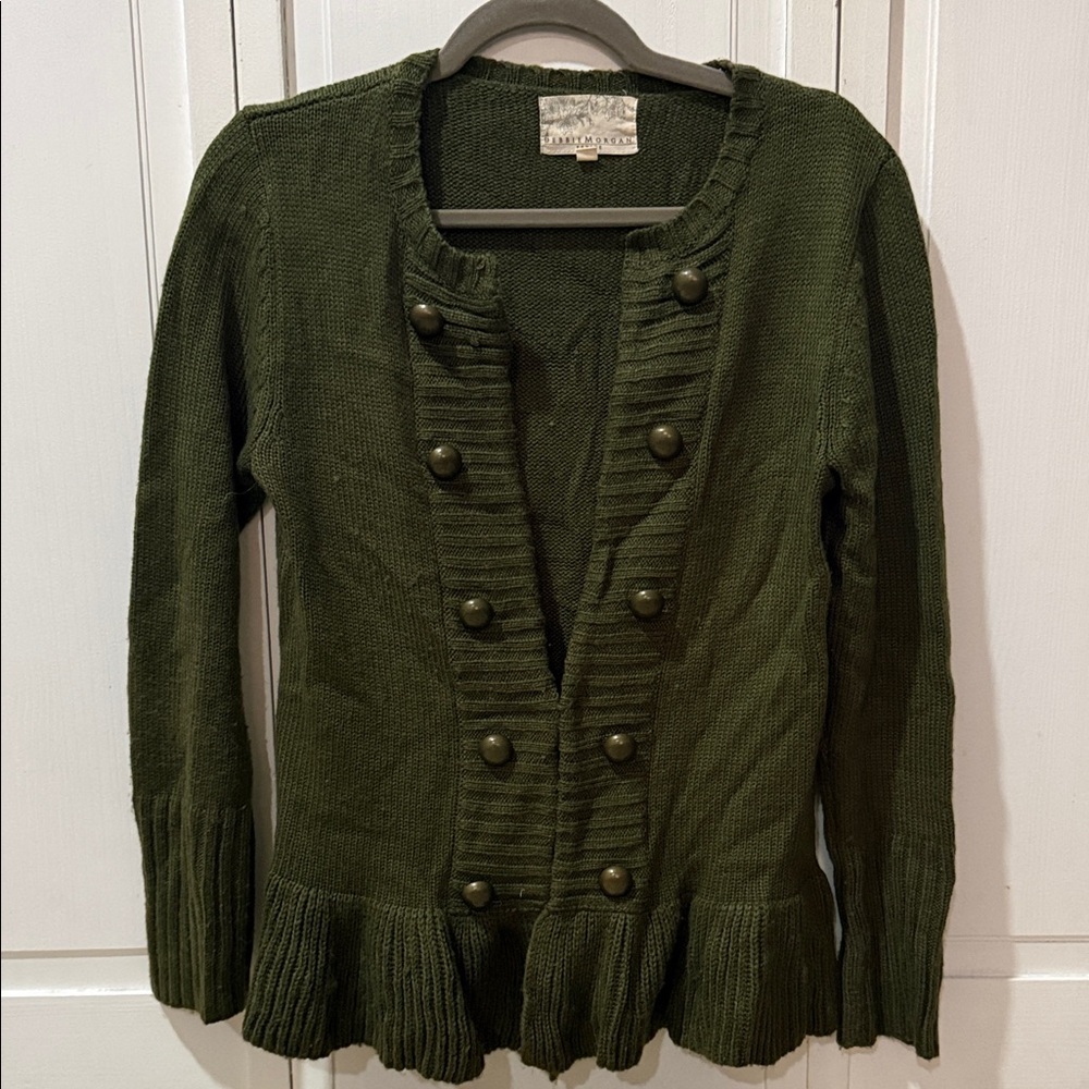 Olivia Moon Dark Olive Green Double-Breasted Peplum Cardigan